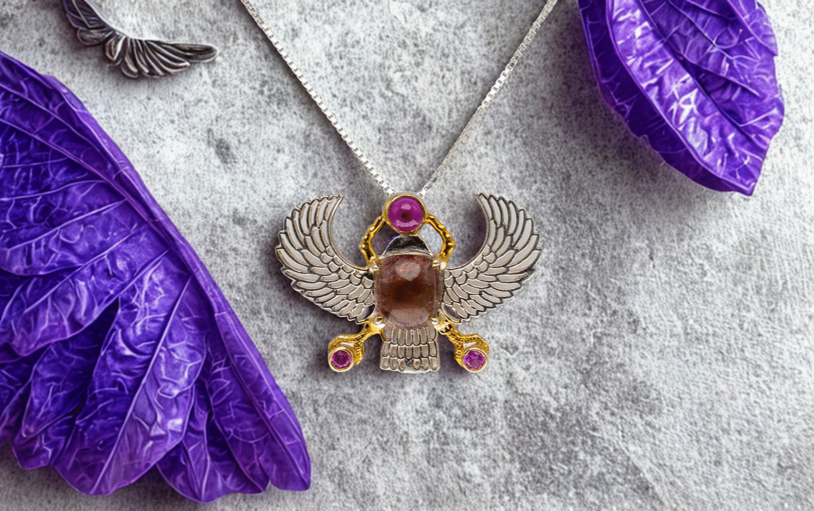 Winged Amethyst Crystal Aura Scarab With 3 Rubies Medium